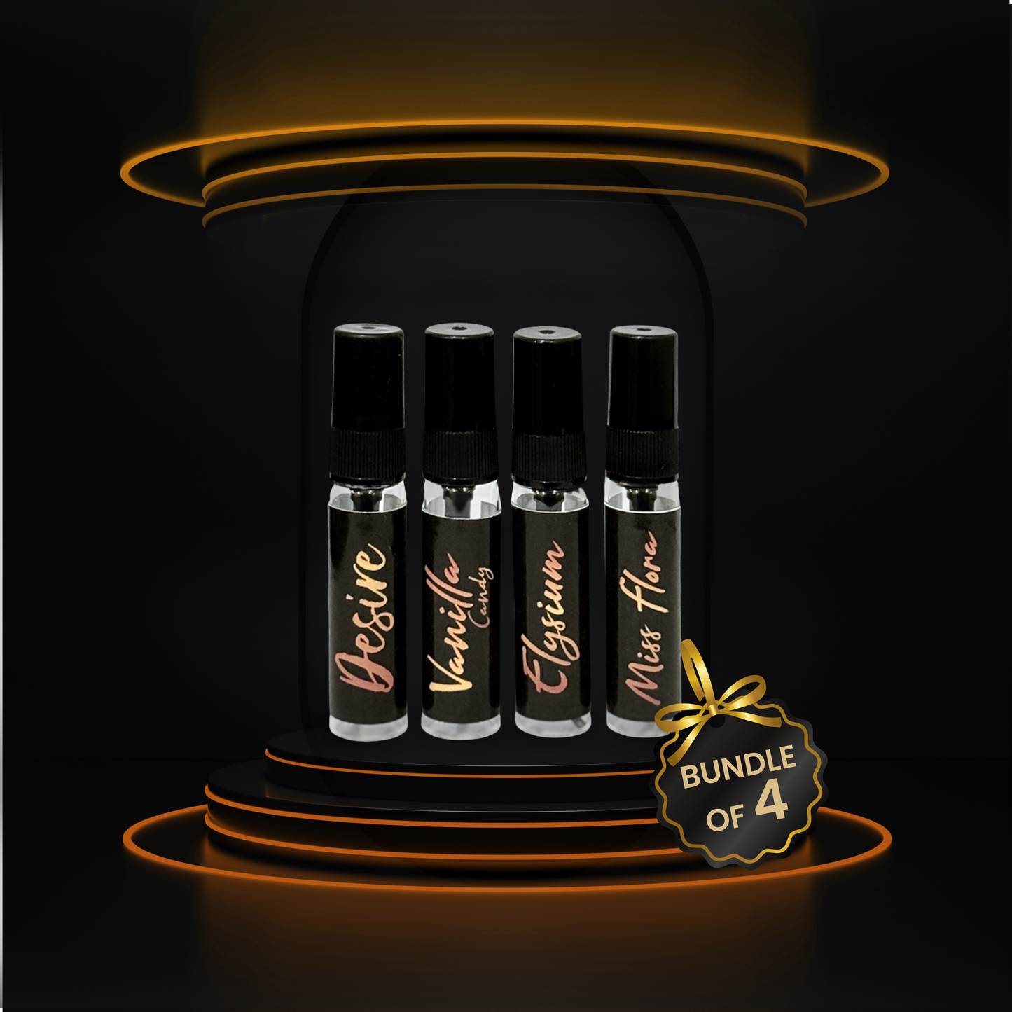 Set of four perfume bottles with labels on a dark background, featuring a 'Bundle of 4' tag.