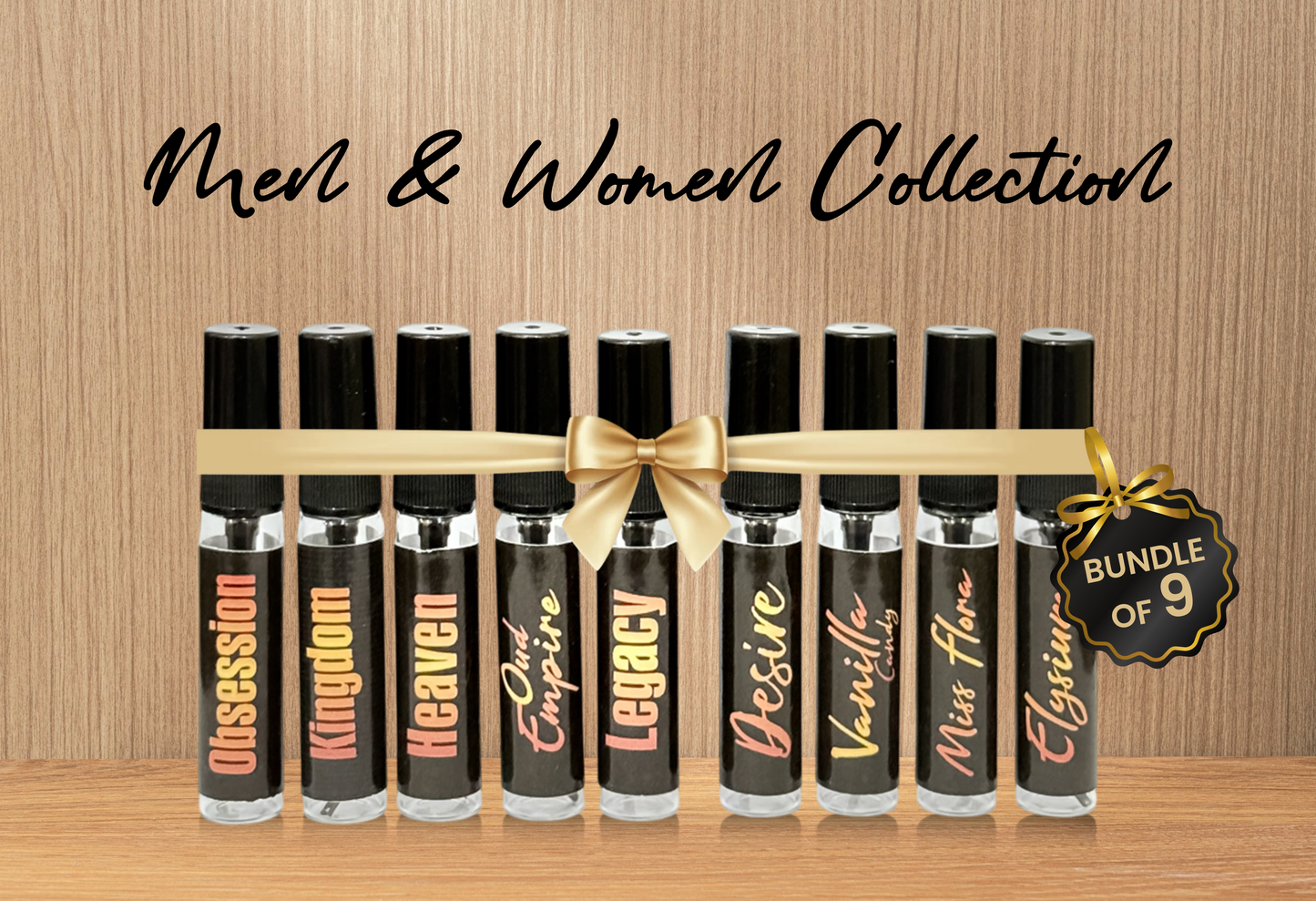 Set of 9 perfume bottles with names on a wooden background, labeled 'Bundle of 9'.