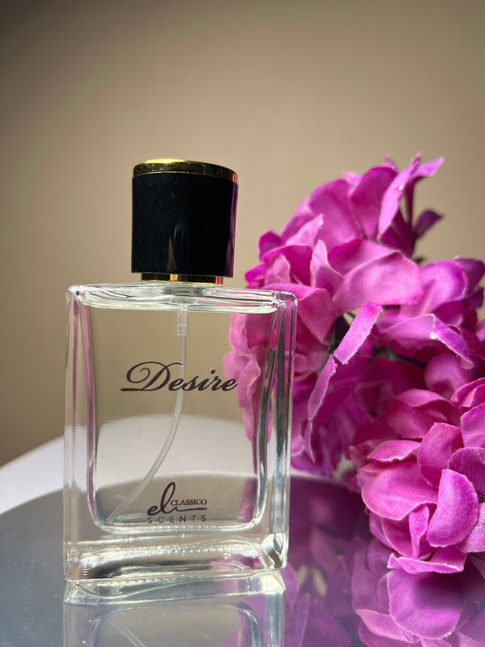 Perfume bottle labeled 'Desire' with pink flowers in the background