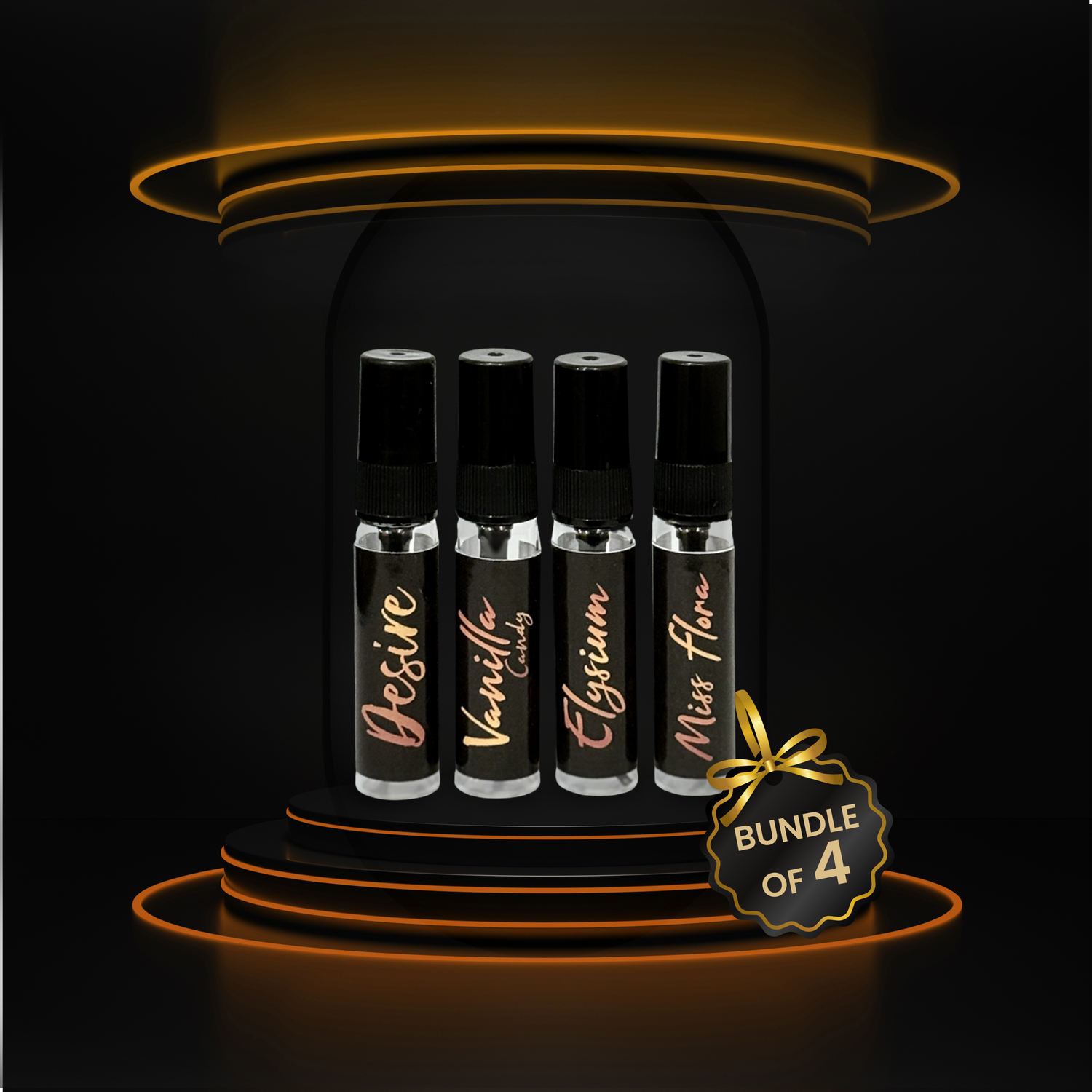Set of four perfume bottles with labels on a dark background, featuring a 'Bundle of 4' tag.