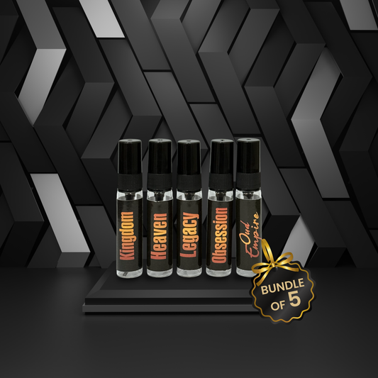 Set of five vape devices with brand names on a black geometric background, featuring a 'Bundle of 5' label.