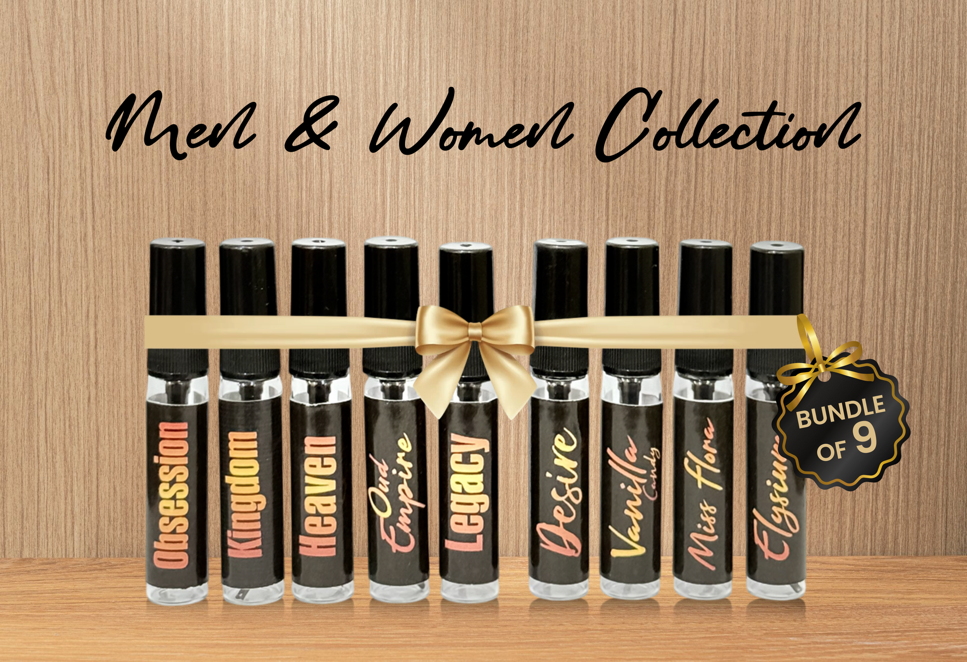 Set of 9 perfume bottles with names on a wooden background, labeled 'Bundle of 9'.