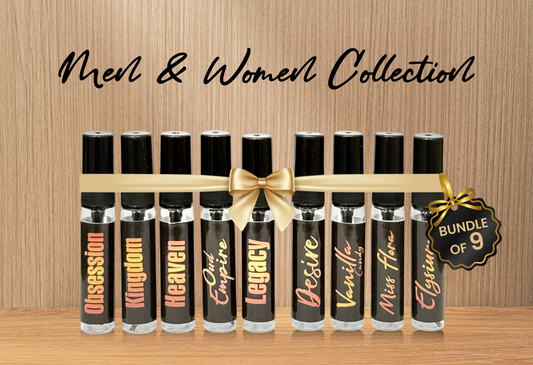 Set of 9 perfume bottles with names on a wooden background, labeled 'Bundle of 9'.