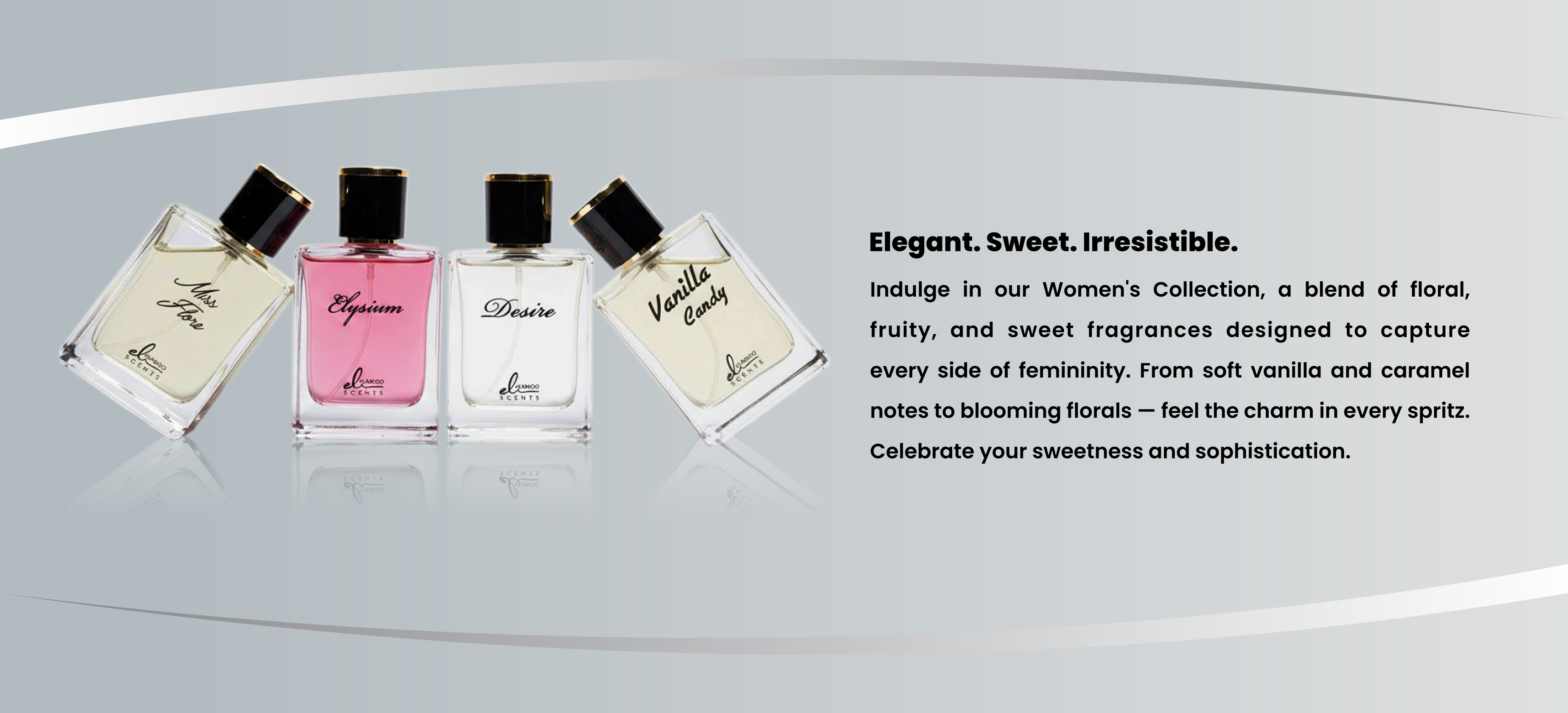 Four perfume bottles on a reflective surface with promotional text about the Women's Collection.