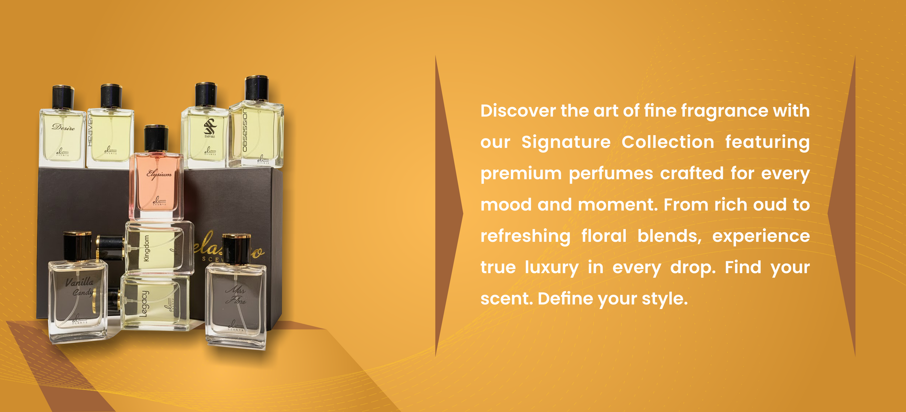 Collection of perfume bottles on an orange background with promotional text.