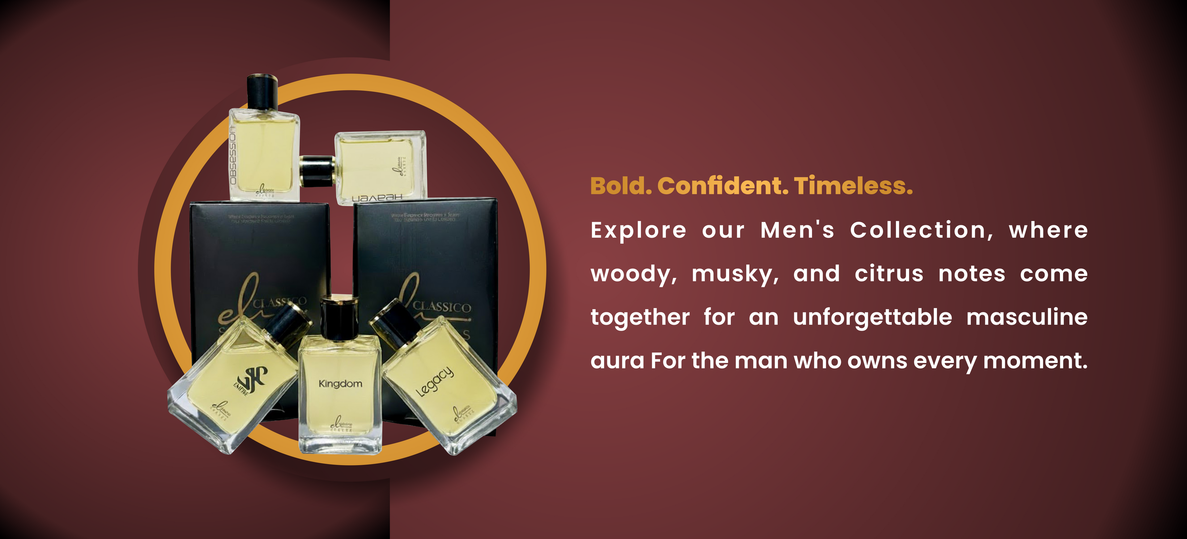 Advertisement for men's cologne collection with bottles on a dark red background