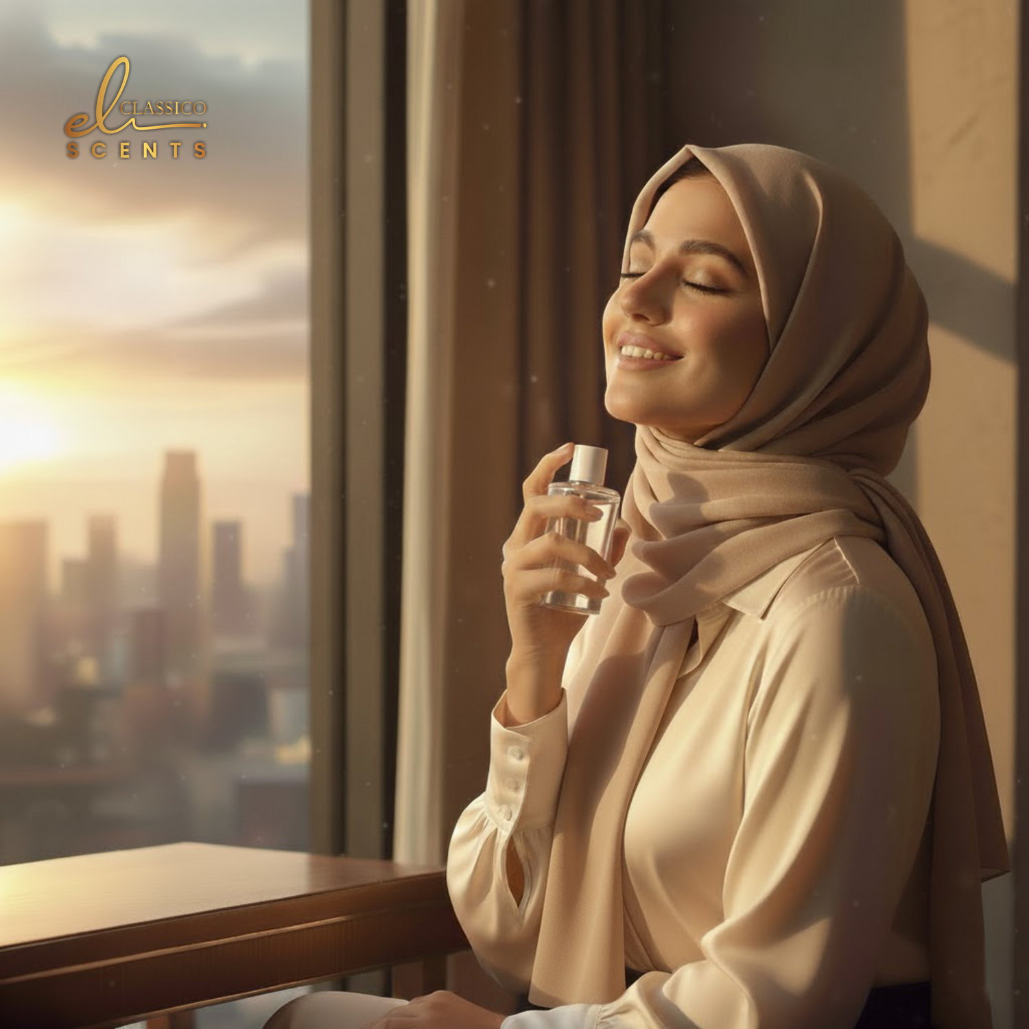 Woman in hijab holding a perfume bottle by a window with a cityscape view