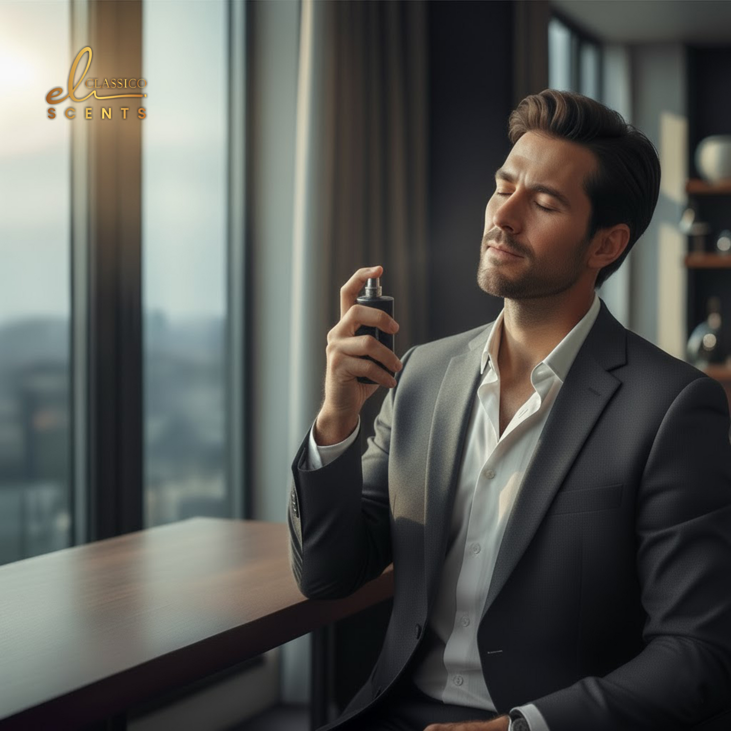 Man in a suit spraying cologne in a room with large windows