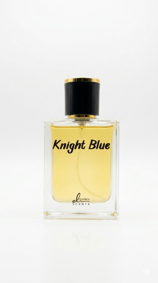 Perfume bottle labeled 'Knight Blue' on a white background