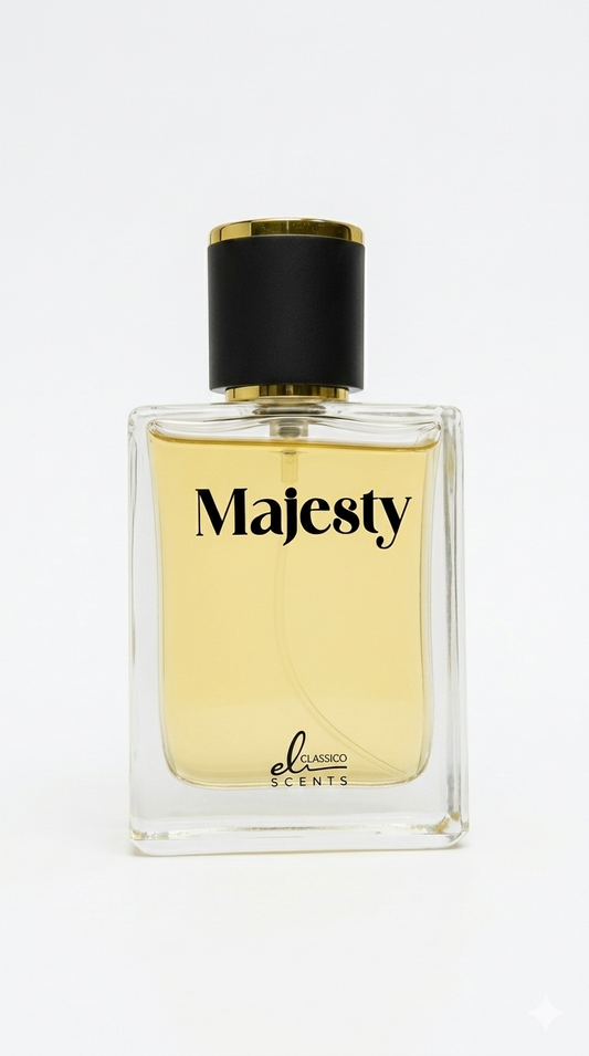 Perfume bottle labeled 'Majesty' by a brand on a white background