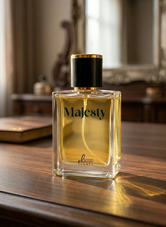 Perfume bottle labeled 'Majesty' on a wooden surface with a blurred background