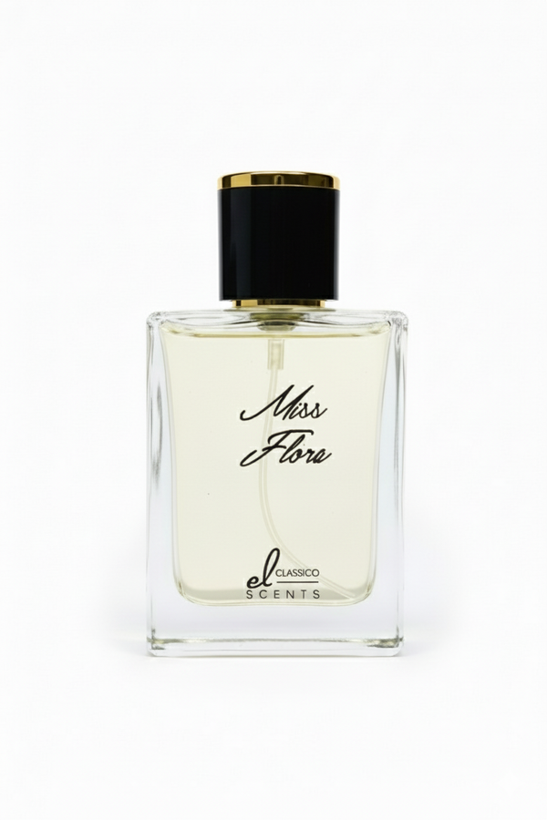 Perfume bottle labeled 'Miss Flore' by 'el classico scents' on a white background