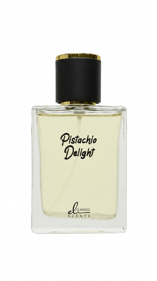 Perfume bottle labeled 'Pistachio Delight' by El Lago Scents on a white background