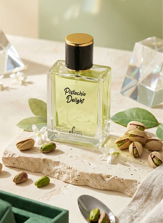 Perfume bottle labeled 'Pistachio Delight' on a decorative surface with pistachios and leaves.
